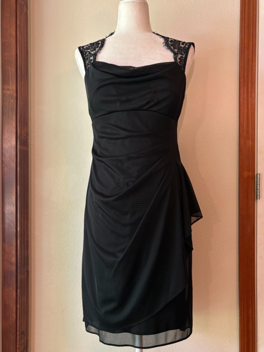 Scarlett Cocktail Little Black Dress Sheer Black Floral Lace Open Back Ruched 6